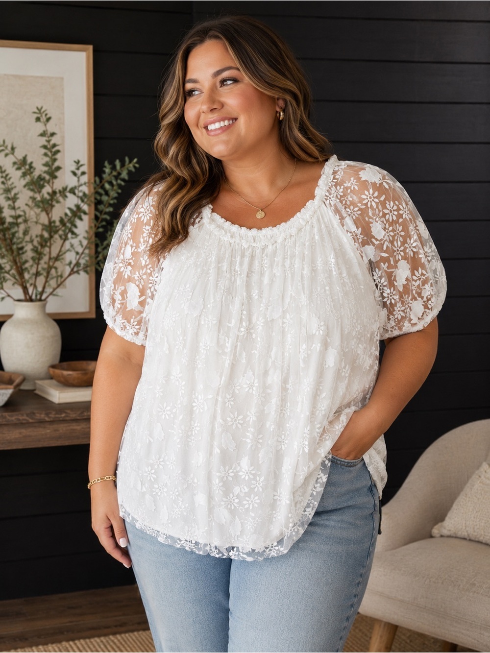 White Floral Lace Puff Sleeve Women's Top - XL
